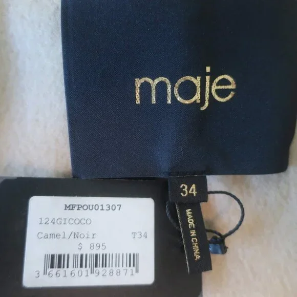 Maje Gicoco Belted Scarf Coat Camel Embroidered Double-Faced Wool Size 34 NEW - Picture 7 of 10